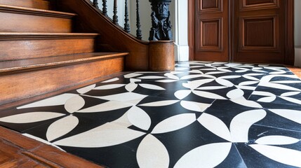 Interior with Decorative Floor Tiles and Wooden Stairs