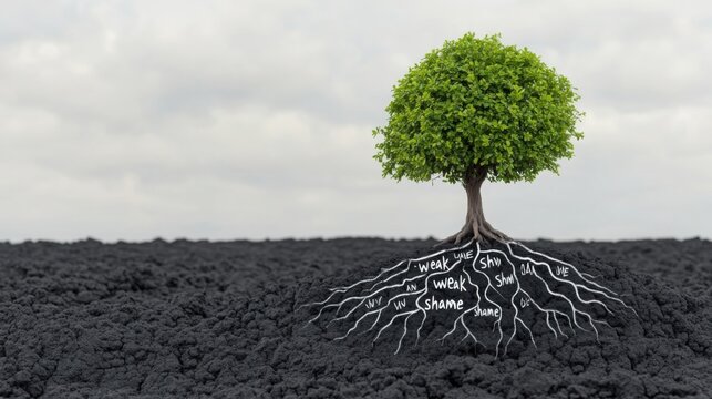 A tree growing in a barren landscape, its roots breaking through the ground labeled with words like "weak" and "shame", symbolizing resilience against mental health stigma