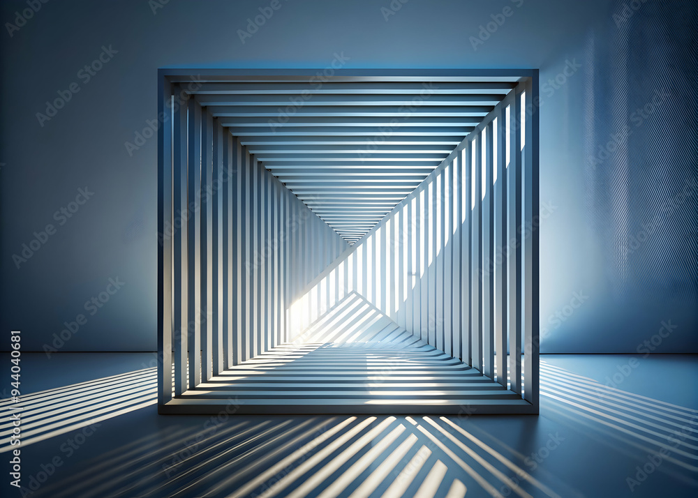 Poster infinite perspective: a minimalist 3d render of a square tunnel bathed in cool blue light, creating 