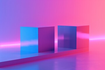 Two cubes are on a table, one is blue and the other is silver