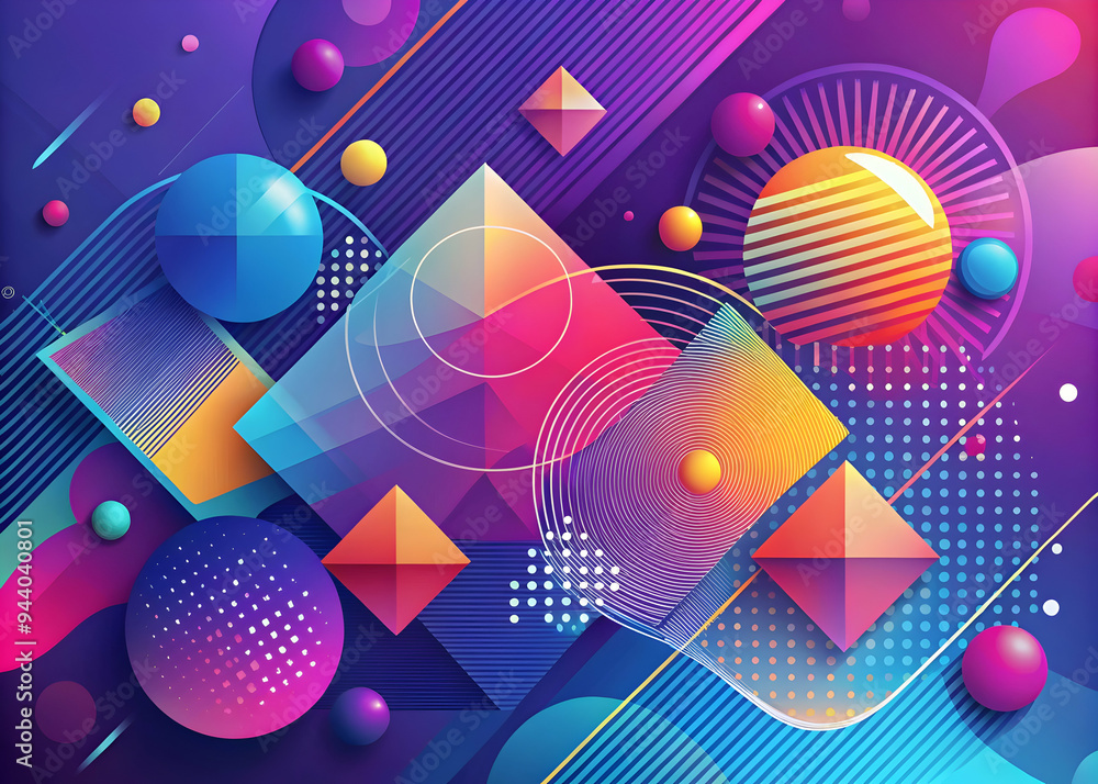 Poster vibrant geometric fusion: a kaleidoscope of shapes and colors collide in this dynamic abstract desig