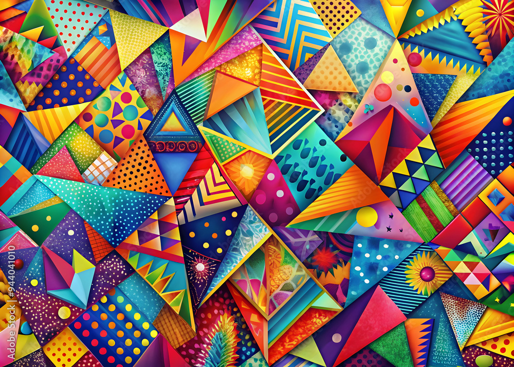 Poster kaleidoscope of geometry: a vibrant, abstract design bursting with colorful triangles and geometric 