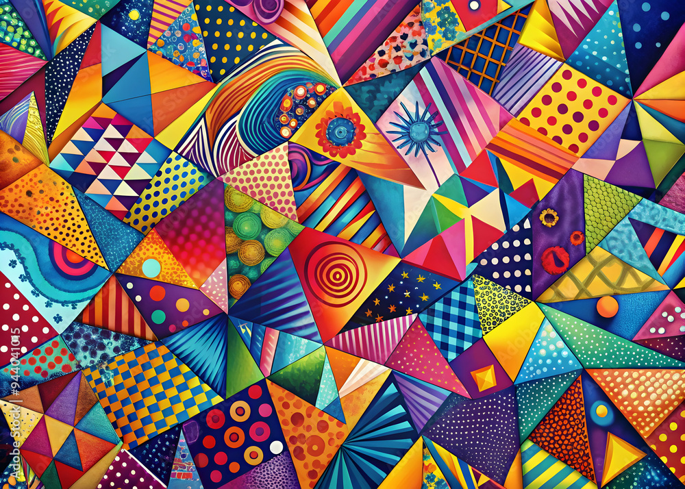 Poster kaleidoscope of geometry: a vibrant, abstract design bursting with colorful triangles and geometric 