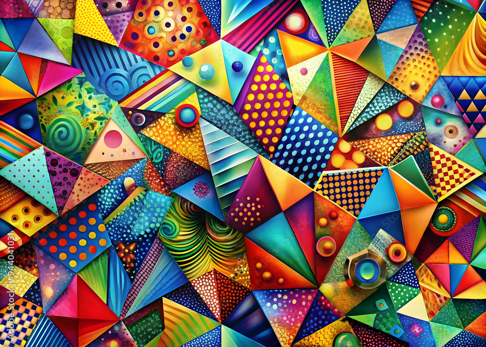 Poster kaleidoscope of geometry: a vibrant, abstract design bursting with colorful triangles and geometric 