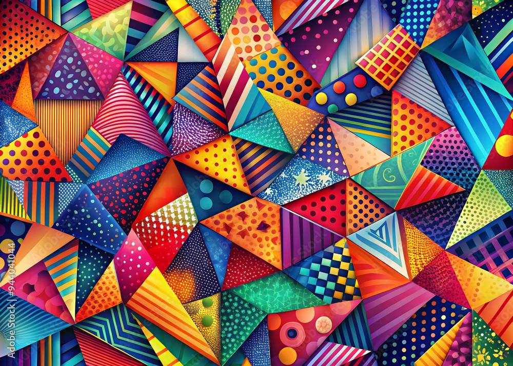 Poster kaleidoscope of geometry: a vibrant, abstract design bursting with colorful triangles and geometric 