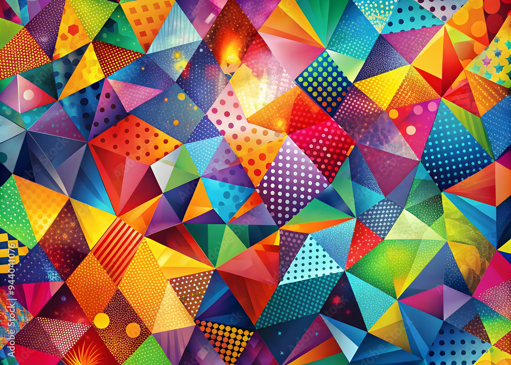 Poster kaleidoscope of geometry: a vibrant, abstract design bursting with colorful triangles and geometric 