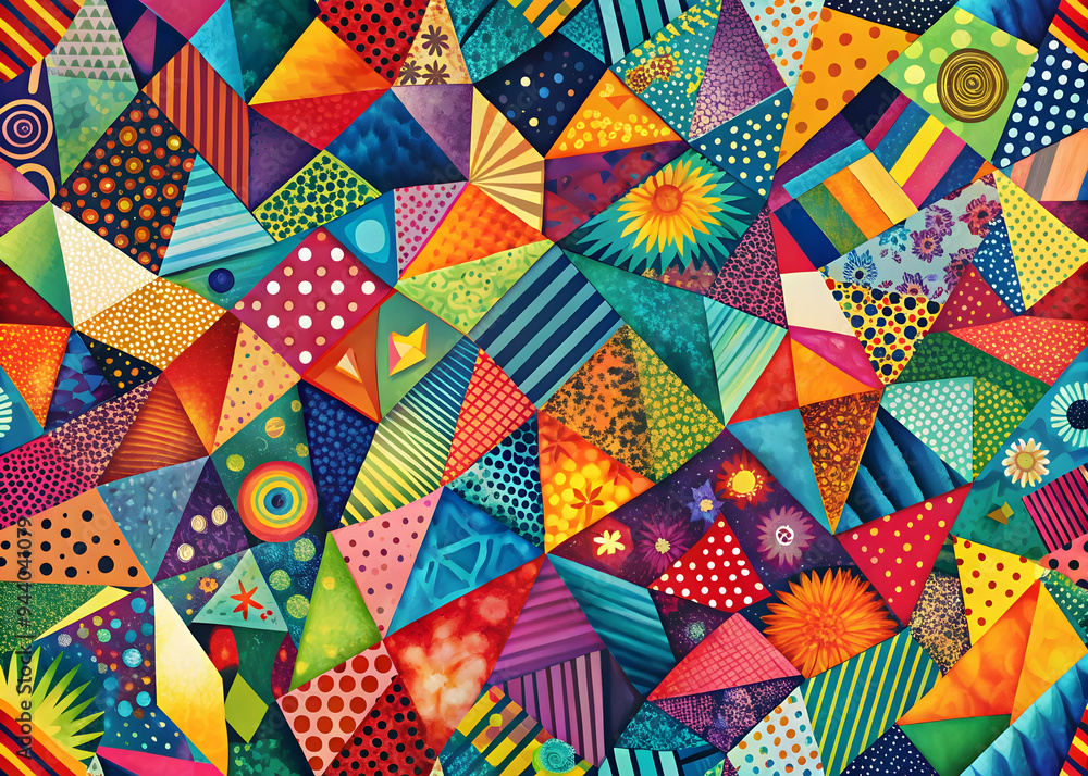 Poster kaleidoscope of geometry: a vibrant, abstract design bursting with colorful triangles and geometric 