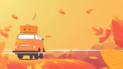 Autumn getaway package, blank area for text, flat design illustration