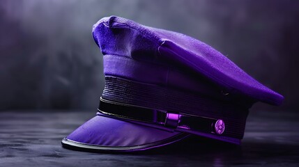 An elegant purple police cap against a charcoal backdrop