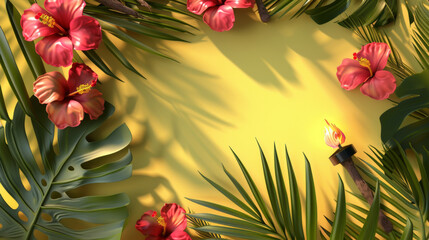 Obraz premium Summer Tropical Scene with Red Hibiscus and Palm Leaves