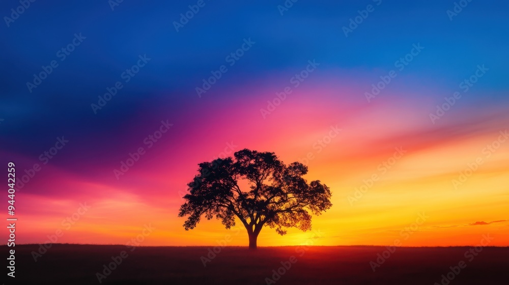 Wall mural Serene sunset scene with a lone tree silhouetted against a colorful sky, capturing tranquility and natural beauty.