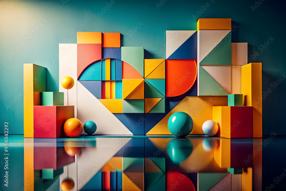 Poster geometric harmony: a minimalist composition of colorful wooden blocks and spheres, showcasing a capt