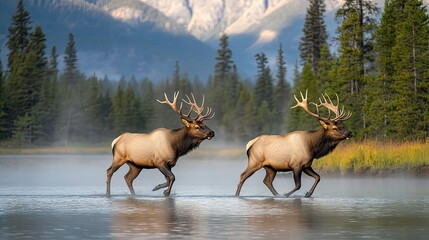 Obraz premium Two majestic elk stroll along a lake's edge at Yellowstone National Park, showcasing their impressive antlers against a backdrop of mountains and greenery