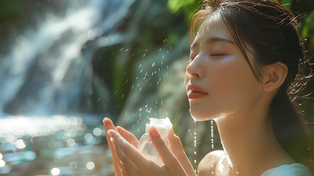 Japanese model using a water-based skincare product, beside a clear waterfall, gentle natural light, calm and peaceful expression, hd quality, natural look, elegant and pure setting, refreshing water,