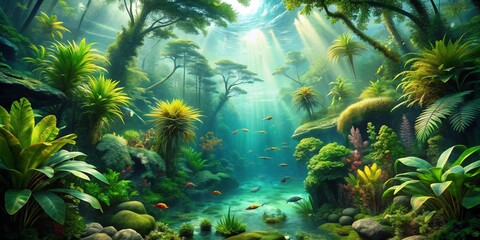 Jungle River Lush Greenery, Sunbeams, and Fish - Digital Painting