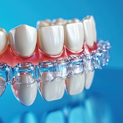 Clear aligners on a model of teeth, orthodontic treatment, 3D illustration