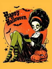 A Halloween jack-o-lantern invitation. Pin-up witch.