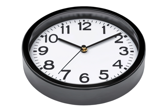 Simple black wall clock showing time with clear white face. Ideal for home, office, or study decor. Classic and functional design.