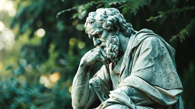 Pensive marble statue in lush garden setting, embodying contemplation and philosophical inquiry. Serene atmosphere for reflective mood with a man with beard thinking