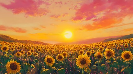 Obraz premium Sunflower field glowing at sunset