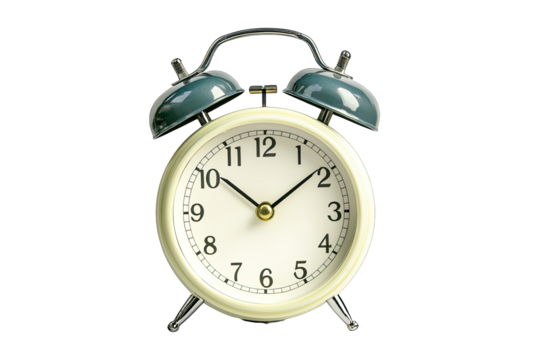 Classic alarm clock with a white dial, black numbers, and a retro design, perfect for vintage-themed projects.