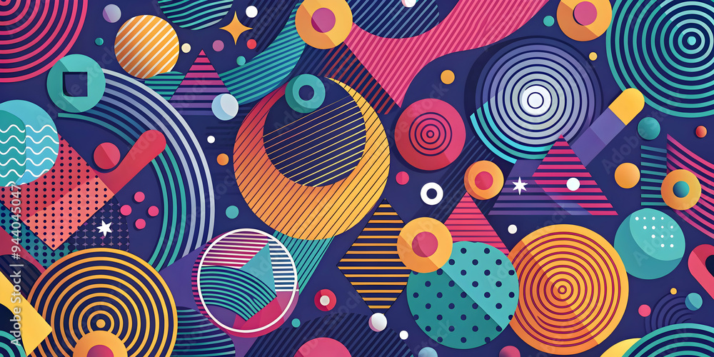 Poster abstract geometric pattern: vibrant colors and playful shapes collide in a dynamic, abstract design.