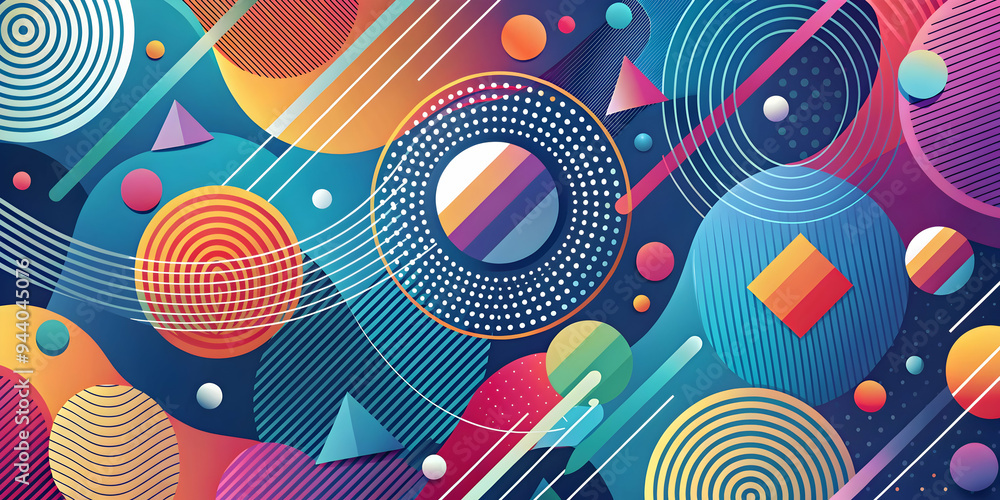 Poster abstract geometric pattern: vibrant colors and playful shapes collide in a dynamic, abstract design.
