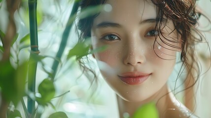 Fototapeta premium Japanese model using skincare products, surrounded by natural ingredients like bamboo, camellia flowers, and matcha, gentle light, relaxed expression, hd quality, natural look, elegant and organic,