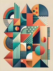 Abstract Geometric Mosaic: A vibrant and captivating tapestry of geometric shapes and patterns in warm, earthy tones, evoking a sense of modern art and design. This dynamic composition is perfect for 