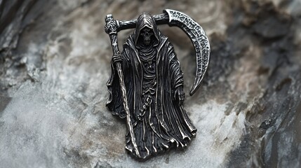 A detailed silver pendant of a grim reaper holding a scythe, symbolizing death.