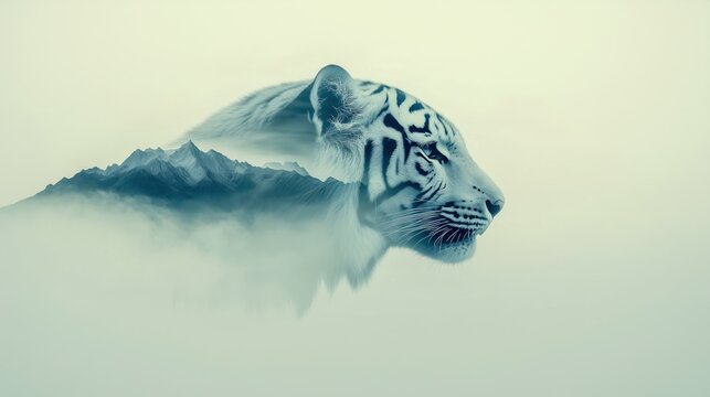 Surreal Double Exposure of Majestic White Tiger Merging With Misty Mountain Landscape in Tranquil Nature Scene - Powered by Adobe