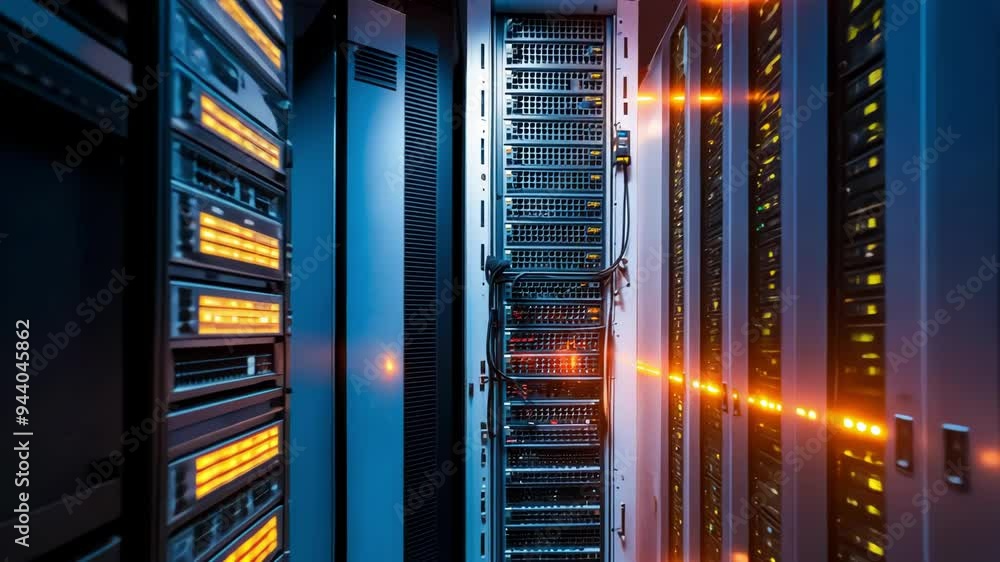 Poster a brightly lit server room showcasing technology and equipment essential for data processing and net