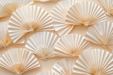 A large number of paper fans, arranged in a pattern that resembles a wave