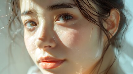 Japanese model’s glowing skin in close-up, highlighted by natural sunlight, smooth and clear texture, serene and tranquil expression, hd quality, natural look, minimalist background,