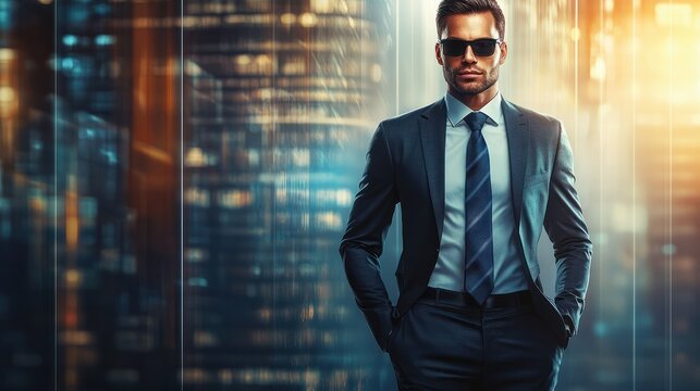 Exclusive business banner featuring an elegant businessman, a call to action, and the caption 'Sale'