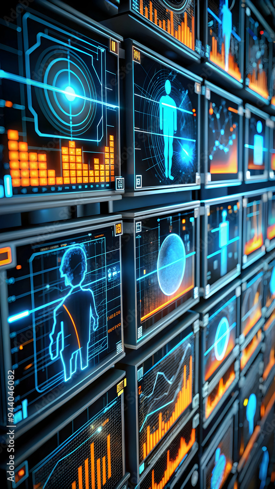 Poster digital surveillance network: a wall of futuristic monitors displays a complex network of personal d