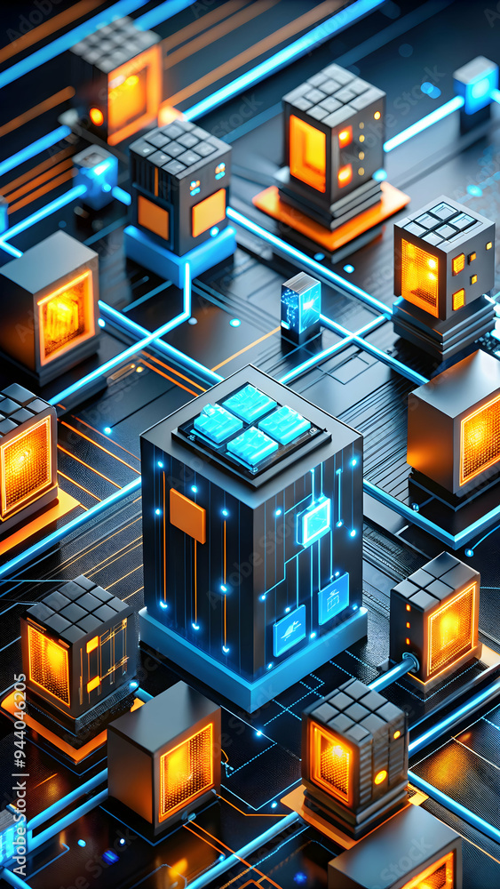 Poster digital metropolis: a network of interconnected servers pulse with data, illuminated by the glow of 