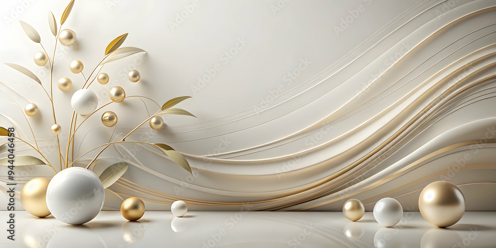 Poster golden branch: abstract 3d render of a delicate golden branch with leaves, adorned with gleaming whi