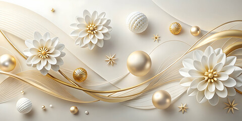 Golden Branch: Abstract 3D Render of a delicate golden branch with leaves, adorned with gleaming white and gold spheres against a soft, luminous background. Evoking a sense of elegance and serenity. 