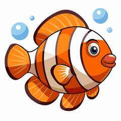 Cartoon Illustration of an Orange and White Clownfish with Bubbles