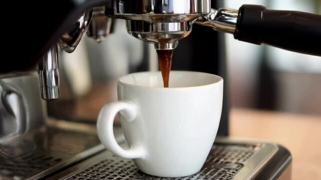 A close up of an espresso machine pouring coffee into a white cup, highlighting the brewing process and cafe atmosphere