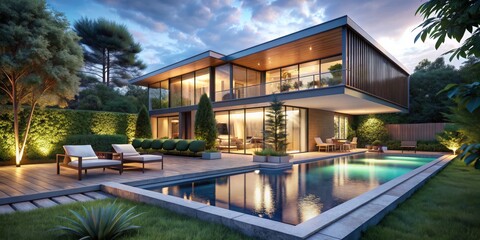 Obraz premium Modern Villa with Pool at Dusk 3D Rendering, Exterior View, Nighttime, Tranquil Atmosphere