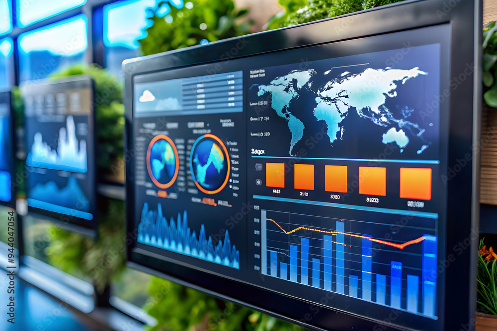 Poster global data insights: a modern office setting showcases a large monitor displaying a complex array o