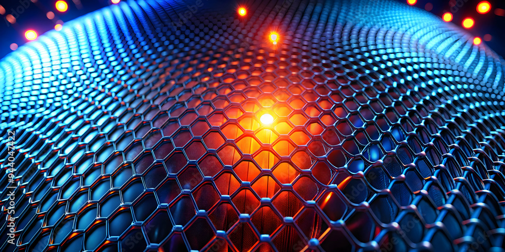 Poster glowing hexagonal network: a vibrant, abstract composition of a hexagonal lattice illuminated with g