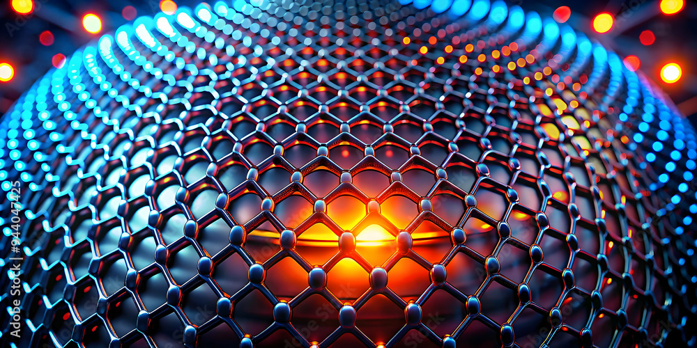 Poster glowing hexagonal network: a vibrant, abstract composition of a hexagonal lattice illuminated with g