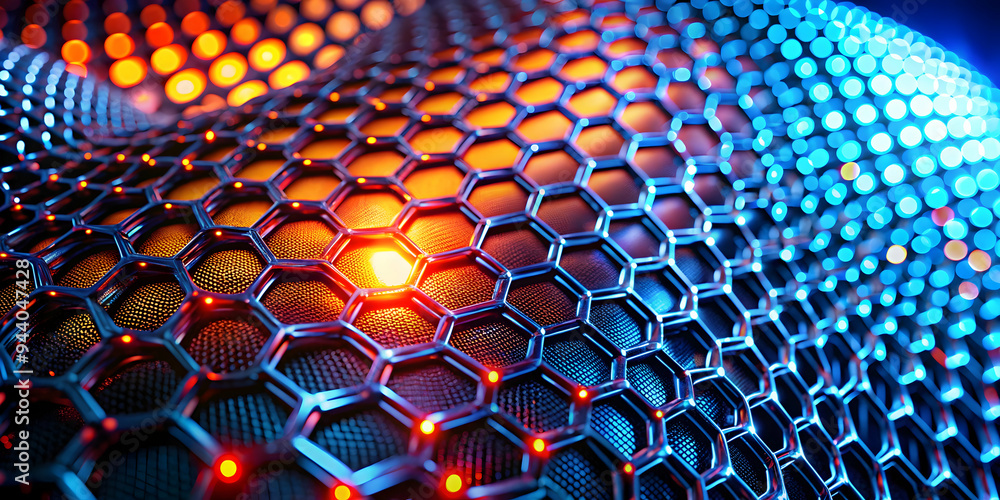 Poster glowing hexagonal network: a vibrant, abstract composition of a hexagonal lattice illuminated with g