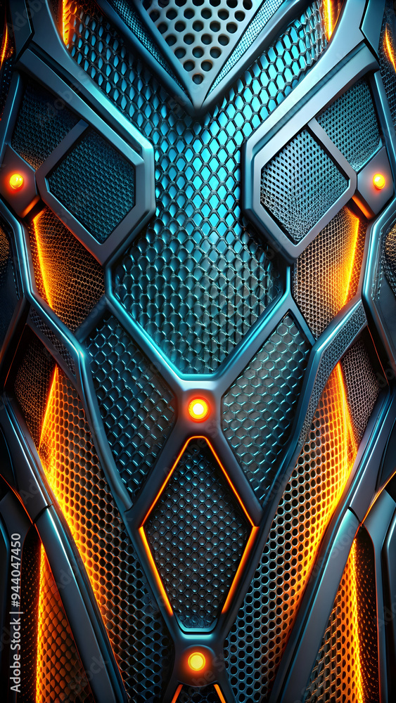Poster futuristic metallic texture: a close-up abstract image of a futuristic metallic surface with a intri