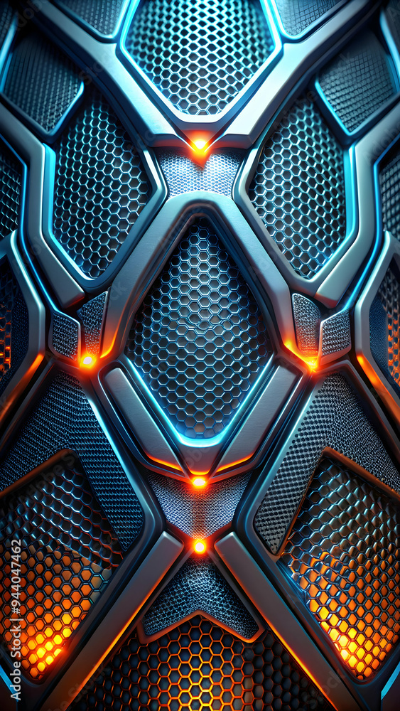 Poster futuristic metallic texture: a close-up abstract image of a futuristic metallic surface with a intri