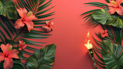 Summer Tropical Banner with Hibiscus Flowers and Palm Leaves