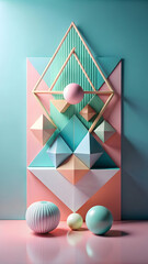 Pastel Paradise: A harmonious blend of geometric shapes in soft hues of pink, green, and white, accented with gold, creates a serene and modern still life composition. 